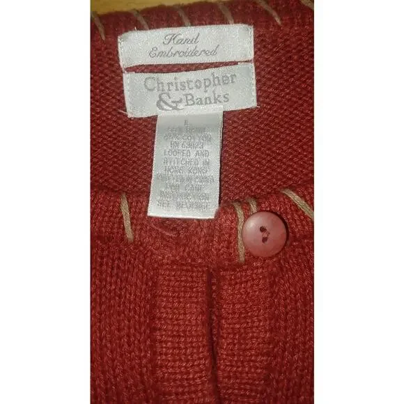 Christopher & Banks Cardigan Womens Large Burgundy Blue Hand Embroidered Flowers - Picture 5 of 6
